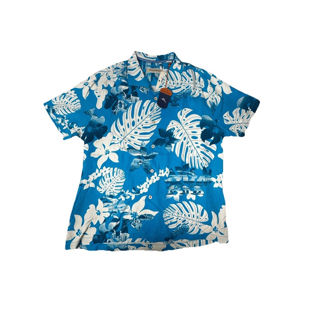 Tommy Bahama Shirt Mens XXL Blue New Silk Tropical Floral Monstera Button Front